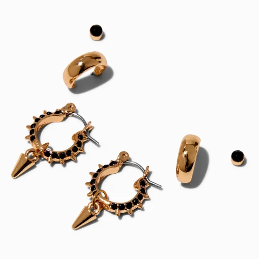 Gold-tone Black Crystal Spikes Earring Stackables Set - 3 Pack