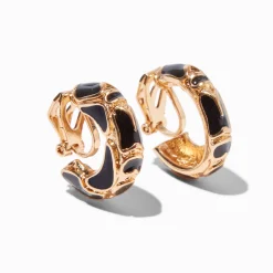 Gold-tone Black 10mm Clip-On Hoop Earrings