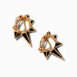 Gold-tone Black Spike 10mm Clip-On Hoop Earrings