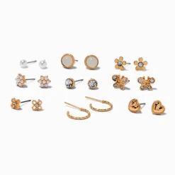 Gold-tone Butterfly & Daisy Stud Earrings - 9 Pack