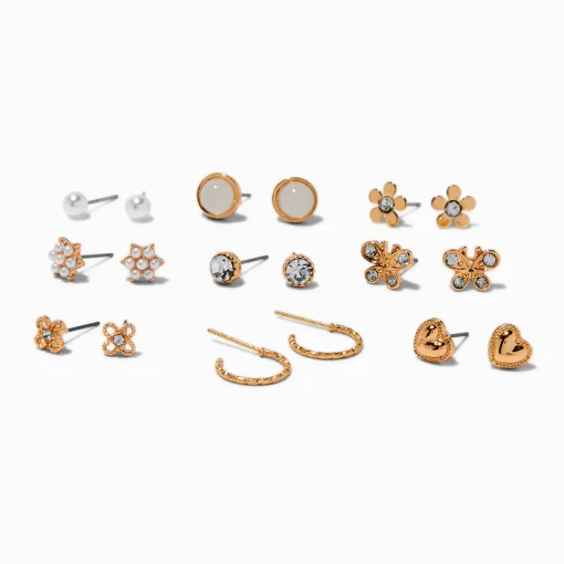 Gold-tone Butterfly & Daisy Stud Earrings - 9 Pack