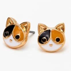 Gold-tone Calico Cat Stud Earrings