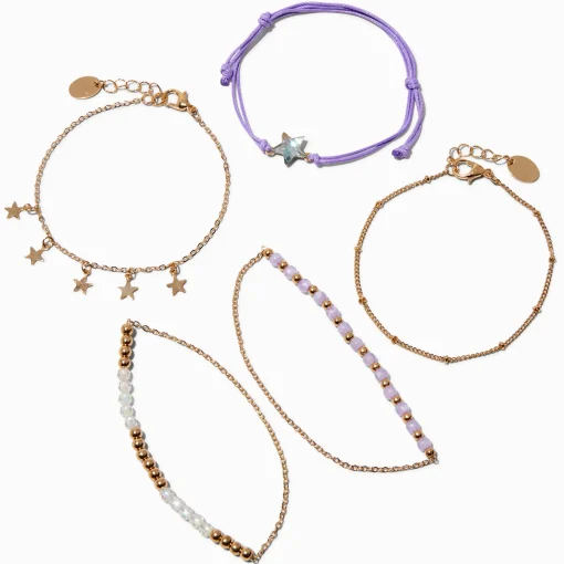 Gold-tone Celestial Beaded & Purple Woven Bracelet Set - 5 Pack