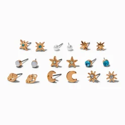 Gold-tone Celestial Stud Earrings - 9 Pack
