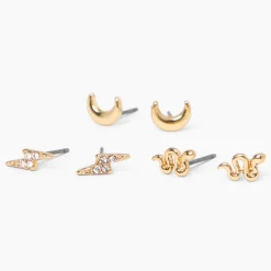 Gold-tone Celestial Stud Earrings - 3 Pack