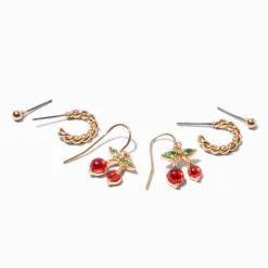 Gold-tone Cherry Earring Stackables - 3 Pack