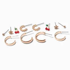 Gold-tone Cherry Earring Stackables Set - 6 Pack