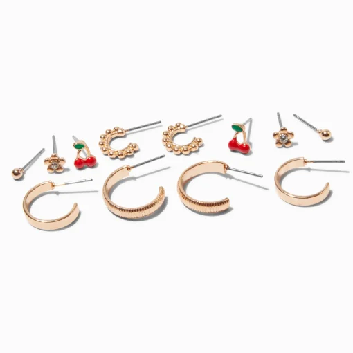 Gold-tone Cherry Earring Stackables Set - 6 Pack