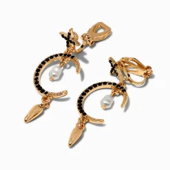 Gold-tone Cross Moon Dagger Clip-On Drop Earrings