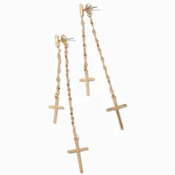 Gold-tone Cross Tinsel Chain Front & Back Drop Earrings