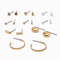 Gold-tone Crystal & Pearl Basic Earrings Set - 9 Pack