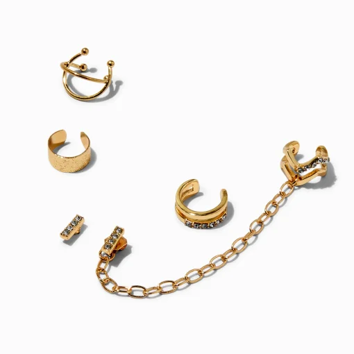 Gold-tone Crystal Bar Connector Cuff Earring Stackables - 5 Pack
