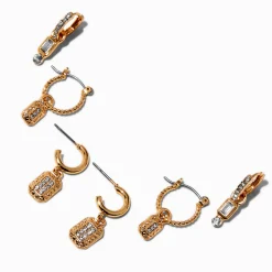 Gold-tone Crystal Bling Hoop Earring Stackables Set - 3 Pack