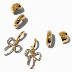 Gold-tone Crystal Bow Thick Hoops Earring Stackables Set - 3 Pack