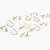 Gold-tone Crystal Cross & Heart Mixed Earrings Set - 9 Pack