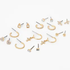 Gold-tone Crystal Cross & Heart Mixed Earrings Set - 9 Pack