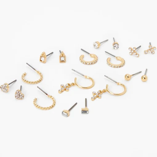 Gold-tone Crystal Cross & Heart Mixed Earrings Set - 9 Pack