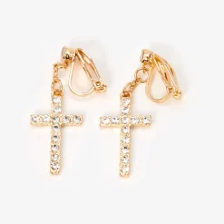 Gold-tone Crystal Cross Clip-On 1.5" Drop Earrings