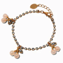 Gold-tone Crystal Cup Chain Pearlized Cherry Charm Bracelet