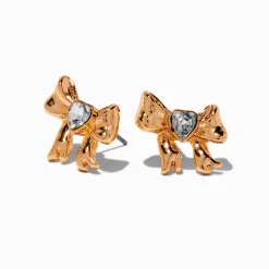 Gold-tone Crystal Heart Bow Stud Earrings
