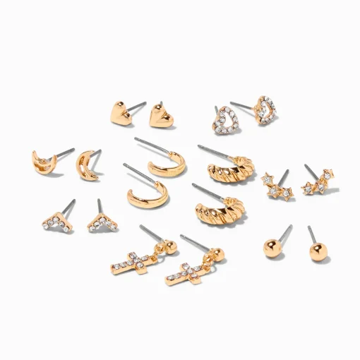 Gold-tone Crystal Mixed Earrings Set - 9 Pack