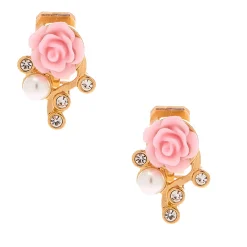 Gold-tone Crystal Pink Rose Clip-On Earrings