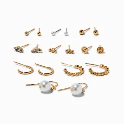 Gold-tone Crystal Swirl & Pearl Mixed Earrings Set - 9 Pack