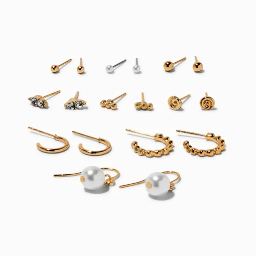 Gold-tone Crystal Swirl & Pearl Mixed Earrings Set - 9 Pack