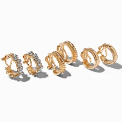 Gold-tone Crystal Textured 20mm Hoop Clip-On Earrings - 3 Pack
