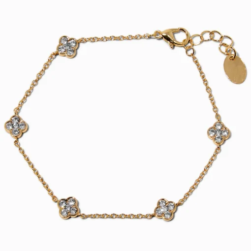Gold-tone Cubic Zirconia Clover Chain Bracelet