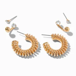 Gold-tone Cubic Zirconia Front & Back Earring Stackables Set - 3 Pack