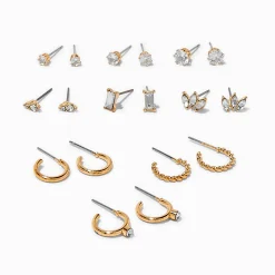Gold-tone Cubic Zirconia Glitz Mixed Earrings Set - 9 Pack