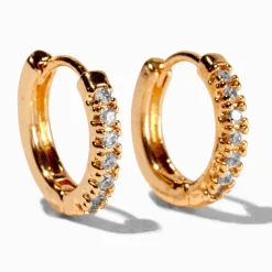Gold-tone Cubic Zirconia 10mm Stacked Huggie Hoop Earrings