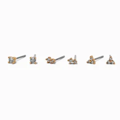 Gold-tone Cubic Zirconia 3mm Mixed Stud Earrings - 3 Pack