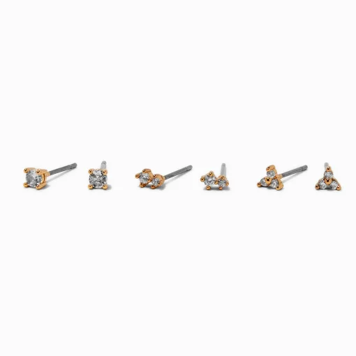 Gold-tone Cubic Zirconia 3mm Mixed Stud Earrings - 3 Pack