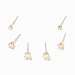 Gold-tone Cubic Zirconia 2mm, 3mm, & 4mm Round Stud Earrings - 3 Pack