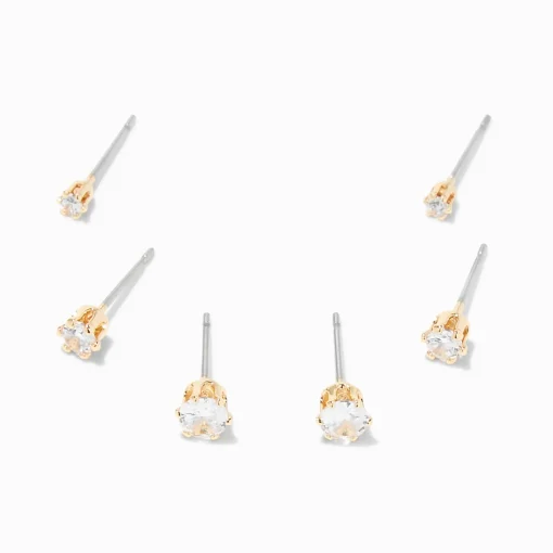 Gold-tone Cubic Zirconia 2mm, 3mm, & 4mm Round Stud Earrings - 3 Pack