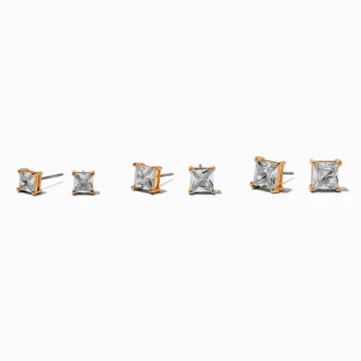 Gold-tone Cubic Zirconia 5mm, 6mm, & 7mm Square Stud Earrings - 3 Pack