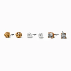 Gold-tone Cubic Zirconia Sand Dollar Stud Earrings - 3 Pack