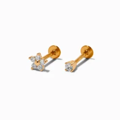 Gold-tone Cubic Zirconia Star & Stud 18G Stud Threadless Cartilage Earrings - 2 Pack