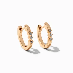 Gold-tone Cubic Zirconia Three-Stone 10mm Huggie Hoop Earrings