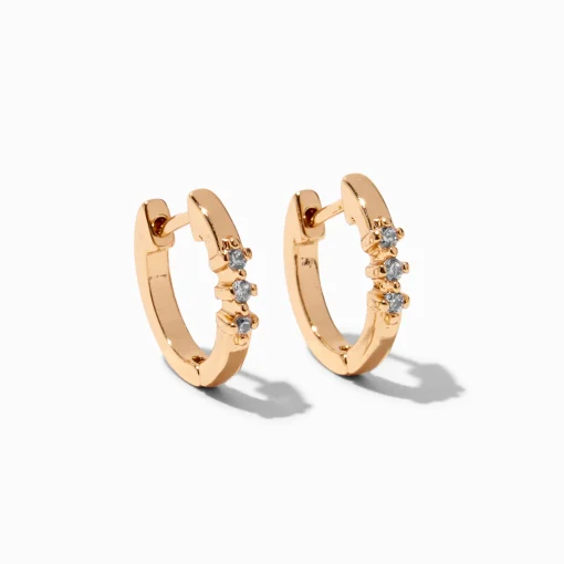 Gold-tone Cubic Zirconia Three-Stone 10mm Huggie Hoop Earrings