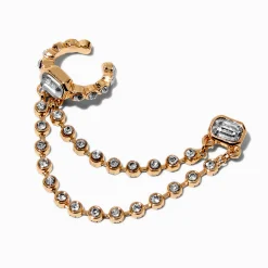 Gold-tone Double Chain Crystal Connector Earring