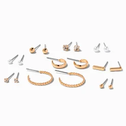 Gold-tone Embellished & Textured Earrings Set - 9 Pack