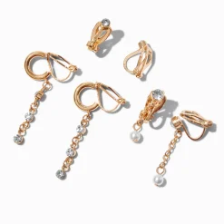 Gold-tone Embellished Chain Clip-On Stud Earrings - 3 Pack