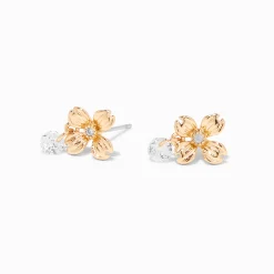 Gold-tone Flower Cubic Zirconia Charm Stud Earrings
