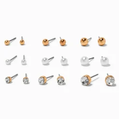 Gold-tone Graduated Ball, Crystal & Pearl Earrings Set - 9 Pack