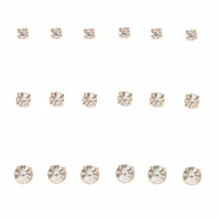 Gold-tone Graduated Crystal Stud Earrings - 9 Pack
