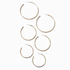 Gold-tone Graduated Hammered Hoop Earrings - 3 Pack