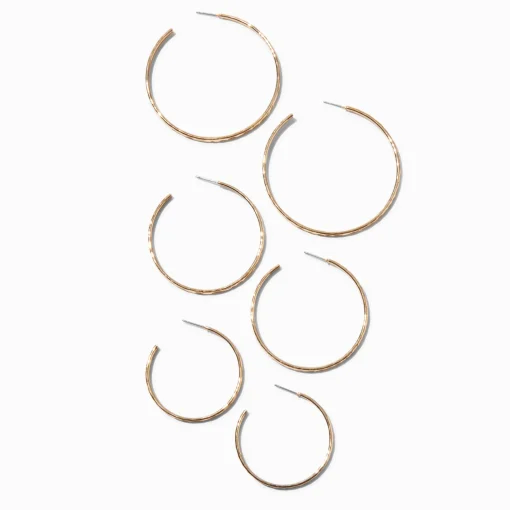 Gold-tone Graduated Hammered Hoop Earrings - 3 Pack